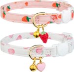 2 Pack Cotton Breakaway Cat Collar Pink Strawberries and White Heart Shaped Pendant Cute Kitten Cat Collar with Bell - Image 2