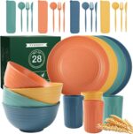 28 Piece Wheat Straw Dinnerware Sets,Plastic Dishes Set Alternative, Dishwasher & Microwave Safe Plates and Bowls Sets, Unbreakable Dinnerware Sets for 4 Dinner Plates, Cups, Cereal Bowls - Colorful - Image 2