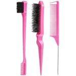 3 Pieces Hair Styling Comb Set Teasing Brush Rat Tail Comb Edge Brush for Edge&Back Brushing, Combing, Slicking Hair for Women (Pink) - Image 2