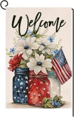 4th of July Floral Garden Flag 12x18 Vertical Double Sided Patriotic Mason Jar Flowers Red Blue Memorial Day Independence Day Holiday Outside Decorations Burlap Yard Flag BW321 - Image 2