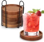 6 Pcs Best Wooden Coasters with Holder Coffee Table Decor Acacia Wood Coaster Set Modern Cup Coaster for Drink Home Dining Table Kitchen Accessories Cute Beer Bar Decorative Rustic Outdoor Coasters - Image 2