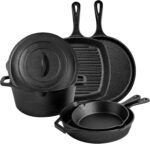 6 Piece Pre-Seasoned Cast Iron Cookware Set – Incl. 5QT Dutch Oven with Lid, 8'' and 10.25'' Cast Iron Skillets, 10.5'' Round Griddle, and a Square Grill Pan for Kitchen, Stovetop, & Camping - Image 2