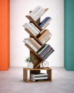 6 Tier Tree Book Shelf - Small Bookshelf Decor, Corner Bookshelf, Living Room Storage, Tall Narrow DVD & CD Shelf Storage Bookshelves, Comic Bookcases Standing for Bedroom or Office, Rustic Brown - Image 2