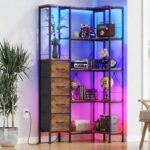 AFLUI Corner Bookshelf with LED Light Strips & 4 Fabric Drawers, 5-Tier Convertible Corner Shelf with Display Shelf, Large Wood Industrial Bookcase for Living Room, Bedroom, Home Office, Rustic Brown - Image 2