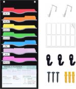 ALSLEA 8 Pockets Hanging Wall File Organizer 15" Extra Wide Pocket Chart for Classroom, Office, Home, Mail Organizer Wall Mounted with 1 Writable Clear Pocket, 5 Wall/ Door Hooks & 12 Labels (Black) - Image 2