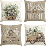 AVOIN colorlife Bless Our Home Farmhouse Eucalyptus Leaves Throw Pillow Covers, 18 x 18 Inch Truck Home Sweet Home Cushion Case Decorations Set of 4 - Image 2