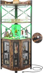 Aheaplus Corner Bar Cabinet with Power Outlet, Industrial Wine Cabinet with LED Strip and Glass Holder, 5-Tiers Liquor Cabinet Bar Unit for Home, Corner Display Cabinet for Small Space, Rustic Brown - Image 2