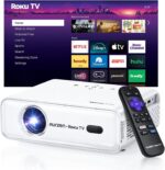 Aurzen Roku TV Smart Projector with Wifi and Bluetooth, Roku Streaming Experience Built-in, 1080P FHD, DoIby Audio, Auto Focus & Keystone, Zoom, Movie Portable Outdoor Mini Projector, White - Image 2