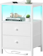 BOLUO White Nightstand with Charging Station, LED Night Stand with 2 Fabric Drawers, Bedside Table with USB Ports and Outlets, Nightstand for Bedroom Modern - Image 2