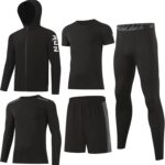 BUYJYA 5Pcs Men's T Shirts Workout Long Sleeve Athletic Zip Pocket Shorts Jackets Compression Pants Gym Clothes - Image 2