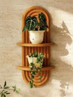 Bamworld Boho Wall Decor Brown Plant Wall Shelf Mid Century Modern Decor Hanging Plant Shelf 16.7in 2 Tier Wooden Floating Shelves for Home Bathroom Bedroom Living Room Office Holding Planter - Image 2