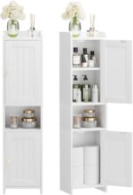 Bathroom Cabinet with 2 Doors, 7.3 x 9.8 x 40.4 Inches, Small Freestanding Storage Cabinet with Adjustable Shelf, Floor Cabinet for Small Spaces, Bathroom, Entrances, Kitchen, White - Image 2