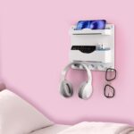 Bedside Wall Shelf with Glasses Hooks ，Adhesive Bedside Organizer Wall Mount for Dorm and Room Accessories Phone，Remote，Earphone， Kindle (White) - Image 2