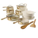 Bloomhouse - Two Time Oprah's Favorite Things Winner - 15 Piece Pots and Pans Heavy Duty Aluminum Premium PFA Free Ceramic Nonstick Cookware Set - Almond Cream w/Gold Handle - Image 2