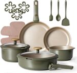 CAROTE 19 Pcs Pots and Pans Set, Nonstick Cookware Sets with Detachable Handle, Titanium Reinforced, Oven Safe, Cookware Non Stick Cooking Set w/Frying Pans & Saucepans Green(PFOS, PFOA Free) - Image 2