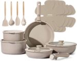 CAROTE 19pcs Pots and Pans Set Non Stick, Nonstick Cookware Set Detachable Handle, Induction Kitchen Cooking Sets with Removable Handle, RV Kitchen, Oven Safe, Taupe, Mothers Day Gifts - Image 2