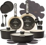 CAROTE 21-Piece Ceramic Cookware Set, Nonstick Pots and Pans Set with Detachable Handle, Non-Toxic Kitchen Cooking Set, Induction Compatible, Dishwasher & Oven Safe, Charcoal - Image 2