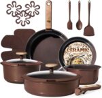 CAROTE Pots and Pans Set, Ceramic Cookware Set Non Stick with Detachable Handle, RV Kitchen Cooking Set, Induction & Oven Safe, Non-Toxic, PFAS and PFOA Free, Dark Choco, 19 Pcs - Image 2