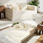 COMAX Futon Sofa Bed, 4‑in‑1 Convertible Sofa Bed, Folding Boneless Couches for Living Room, Fold Out Small Foldable Loveseat Floor Sleeper Comfy Mattress Lounge Space‑Saving, Beige - Image 2