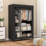 Calmootey Portable Closet Organizers, Clothing Storage, Wardrobe with 6 Shelves and Hanging Rod, Non-Woven Fabric Cover with 4 Side Pockets, Black - Image 2