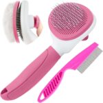 Cat Brushes for Indoor Cats, Dog Brush for Shedding with Metal Cat Comb, Self Cleaning Pet Hair Brush with Release Button for Grooming Kitten(Pink) - Image 2