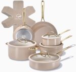 Chef Power Ceramic Cookware Sets, 15Pcs Pots and Pans Set Non Stick, Cookware Set with Stainless Steel Handle, Dishwasher & Oven Safe, Taupe and Light Gold Handle - Image 2
