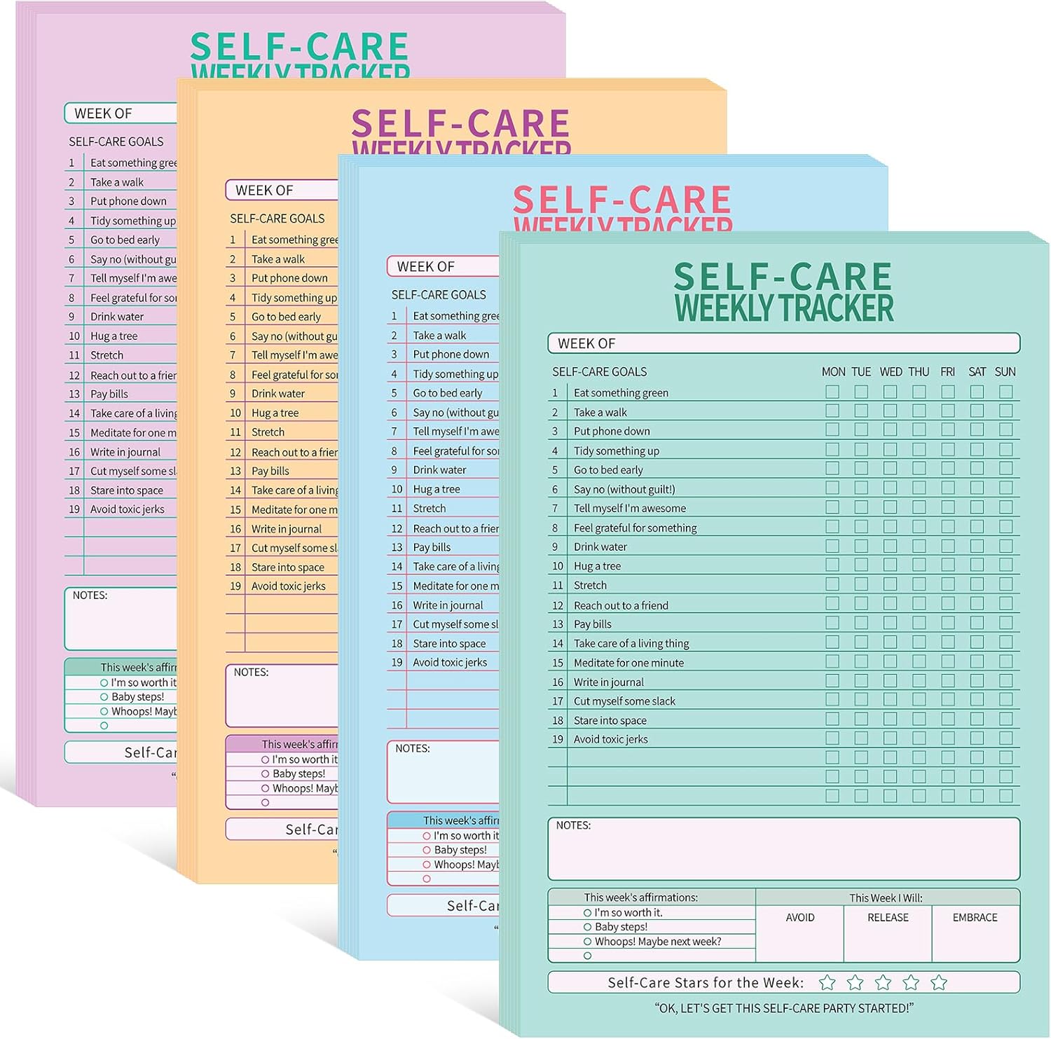 Cholemy 4 Pcs 240 Sheet Daily Checklist Weekly Tracker Pad 6 x 9 Inch Undated Notepad Productivity Schedule for Organizing Goals Mental Health Wellness Meal Prep Planner, 4 Colors (Self Care) - Image 2