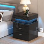 ChooChoo LED Nightstand with Charging Station,Smart Night Stand with Sliding Top Storage, 2-Drawers High Gloss Bedside Table, Modern End Table for Bedroom,Black - Image 2