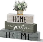 Cinnvoice 4 Pcs Farmhouse Wooden Tabletop Decor Green Eucalyptus Leaves Spring Rustic Tiered Tray Decor Home Sweet Home Table Centerpiece for Kitchen Decoration Gifts Fireplace Mantel Floating Shelf - Image 2
