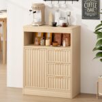 Coffee Bar Cabinet with Storage, Fluted Buffet Sideboard Cabinet with 3 Drawers & Adjustable Shelf, Rounded Edge Modern Storage Cabinet for Dining Room, Kitchen, Living Room, Entryway, Oak - Image 2
