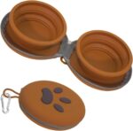 Collapsible Dog Bowls, 2-in-1 Silicone Pet Food and Water Bowl with Carabiner, Portable Double Compartment Dish for Travel, Camping, Hiking Puppy Essentials (Brown) - Image 2