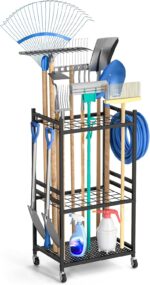 DAOUTIME Garden Organizer With Wheels, Yard Tower Rack for Garage Storage, Up to 35 Long-Handled Tools, Sturdy Metal Steel Holder With 3 Hooks, Outdoor, Black - Image 2