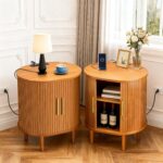 DHH Mid Century Modern Nightstand Set of 2 with Charging Station,Fluted Accent Side Table with Sliding Door & Adjustable Shelf,End Table for Small Space, Living Room, Bedroom,Sofa Couch,Yellow Walnut - Image 2
