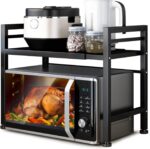 DOLALIKE Microwave Oven Rack, Expandable Microwave Stand Countertop Kitchen Utensils Tableware Storage, Carbon Steel Over Microwave Shelf Countertop with 3 Hooks - Image 2