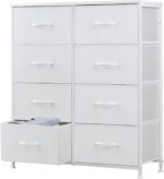 DUMOS Dresser for Bedroom with 8 Fabric Drawers, Tall Chest Organizer Units for Clothing, Closet, Kidsroom, Storage Tower with Cabinet, Metal Frame, Wooden Top, Lightweight Nursery Furniture, White - Image 2