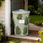 Decorative Outdoor Storage Bin with Lid - 10 Gallon Hand-Painted Metal Can for Garden Tool Organization & Birdseed Storage, Squirrel-Proof (Green Palm Leaf) - Image 2