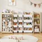 EXPERLAM 3-in-1 Toy Storage Organizer, Stuffed Animal Holder & 3-Tier Bookcase, Solid Wood Toy Organizer with 12 Storage Bins, Space-Saving Toy & Book Shelf for Kids Rooms, Bedroom, Playroom, White - Image 2
