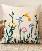 Embroidered Throw Pillow Cover 18x18 Inch - Spring Summer Boho Decorative Pillow Cover with Zipper for Living Room Couch Sofa Bed Aesthetic Design Flower Bird Cushion Pillowcase - Image 2