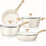 FELAMP Healthy Ceramic Nonstick Cookware Set, 7-Piece PFOA/PFOS/Toxin-Free Pots & Pans Set for Induction & All Stovetops, Dishwasher Safe with Glass Lids，Gift for New Home & Chefs - Image 2