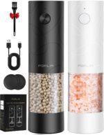 FORLIM Electric Salt and Pepper Grinder Set, USB Rechargeable, Automatic Salt Pepper Mill Grinder with Dust Cover, One-Button Control, Adjustable Coarseness, White LED Light (2 Packs, Black&White) - Image 2