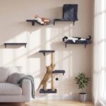 FUKUMARU Cat Wall Shelves, Stable & Safe 5 in 1 Cat Walls Furniture Set, Wooden Kitten Climbing Wall with Scratching Post for 16 Inch Drywall - Gray - Image 2