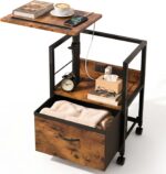 Faesun Swivel Lift Top Nightstand with Charging Station, Rolling Side Table for Recliner, Bedside Table with Wheels & a Fabric Drawer, for Small Spaces, for Bedroom, Living Room, Brown - Image 2