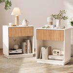 Fluted Nightstands Set of 2, Modern Bedside Table with Drawer and Storage Shelf, Wood End Table Mid Century Night Stands for Bedroom Living Room Sofa Couch Office (White+Oak) - Image 2
