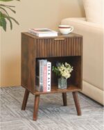 Fultyle Mid Century Modern Nightstand, Wood Bedside Table with Drawer and Opening Storage, End Table Living Room Fluted Night Stand with Solid Wood Legs for Bedroom (Rustic Brown) - Image 2