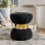 Furniture of America Magnus Modern 15-inch Upholstered Ottoman with Hourglass Shape and Stainless Steel Gold Trim, Vanity Stool Chair, Small Foot Stool for Bedroom, Living Room, Entryway, Black - Image 2