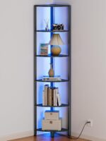 Furnulem 6 Tier Corner Shelf with LED Light, 67.5” Tall Standing Shelf Organizer, Black Narrow Bookshelf with Storage Rack for Wall Corner, Living Room, Bedroom, Metal Frame, Wood Display Shelf - Image 2