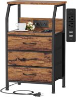 Furnulem Night Stand with Charging Station, USB Ports and Outlets, 28.3 Inch Tall Bedside Table with Wood Shelf, 3 Fabric Drawers Side Table for Bedroom, 3 Ways to Use, Rustic Brown - Image 2