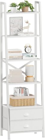 Furologee 5-Tier Ladder Shelf with 2 Drawers,Narrow Bookshelf Storage Shelves,Industrial Bookcase Freestanding Rack Units for Bedroom,Living Room,Bathroom,Home Office,Balcony,Wood Metal, White - Image 2