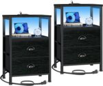 Furologee Nightstands Set of 2, End Tables with Charging Station and LED Lights, Black Night Stands with 2 Fabric Drawers, Bedside Tables Set of 2 for Living Room/Bedroom,Black Oak - Image 2