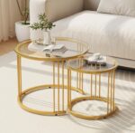 Garden 4 you Nesting Coffee Table, 23.6" Round Coffee Table Set of 2, Glass Nesting Table with Metal Frame, Ceter Tables for Living Room Bedroom Balcony, Gold - Image 2